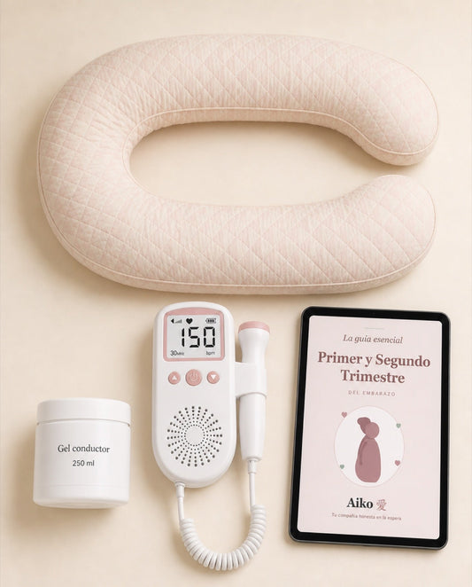 Combo Doppler + Almohadón Aiko: Doppler fetal, gel conductor, almohadón de embarazo y e-book
