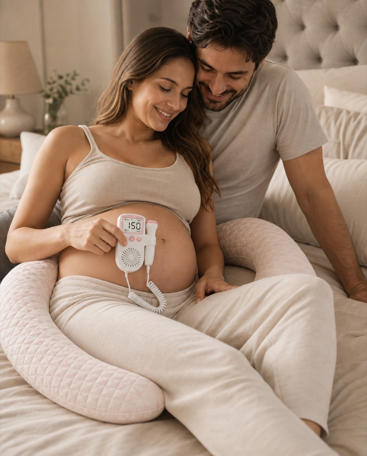 Pareja escuchando el latido con el Doppler fetal AIKO