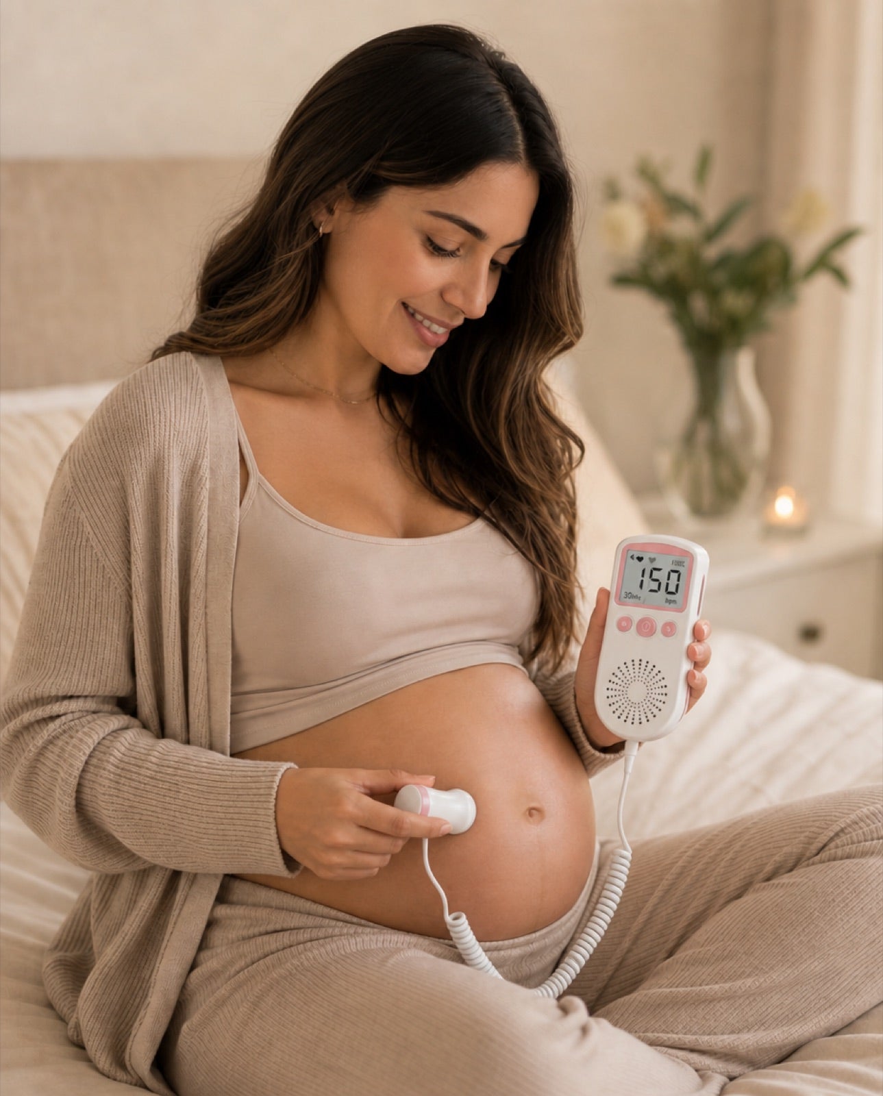 Mamá usando el Doppler fetal AIKO