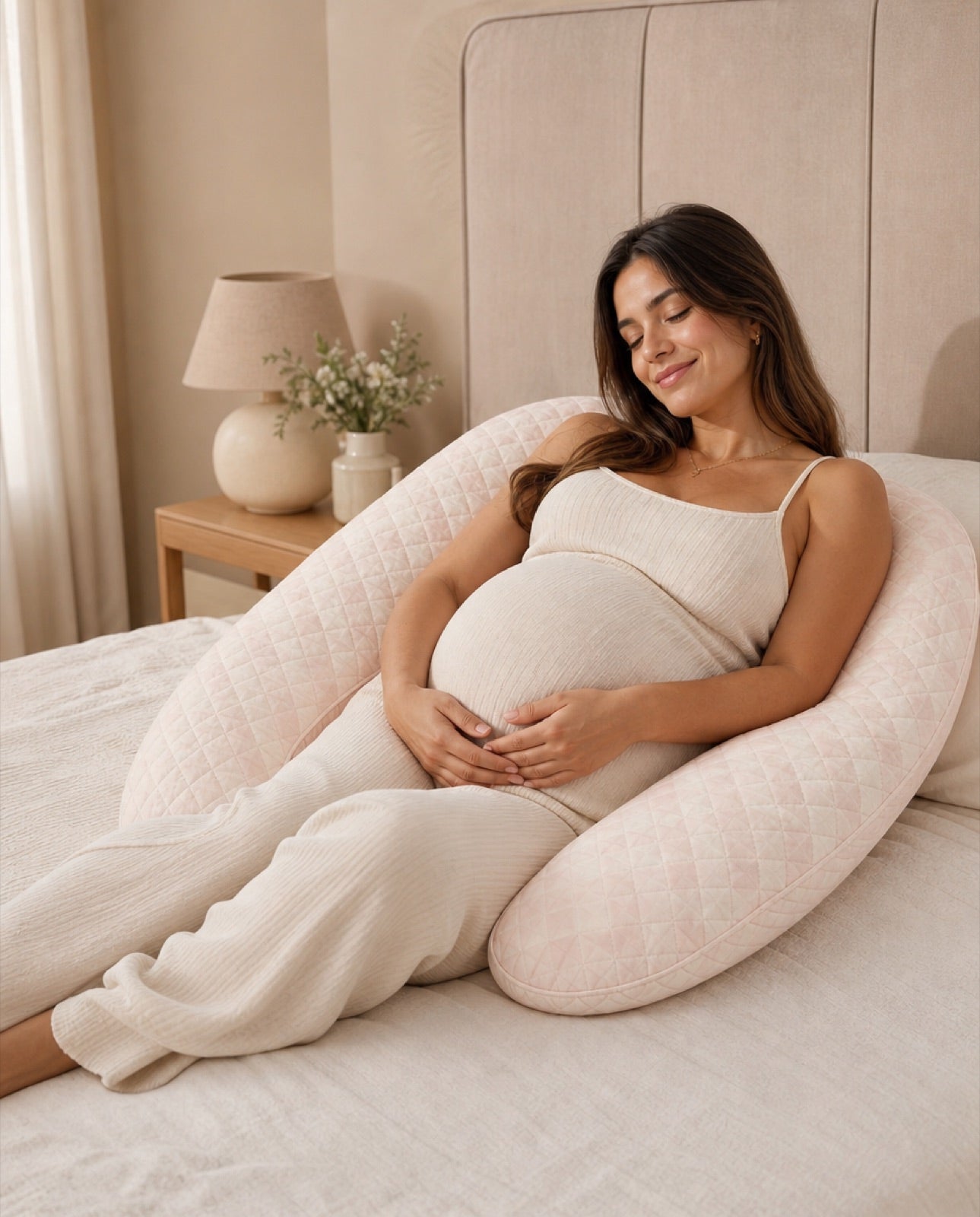 Mamá descansando sobre el almohadón de embarazo AIKO